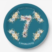 Assiettes En Carton Collage photo turquoise Fleur bleu jaune 7e annive (Devant)