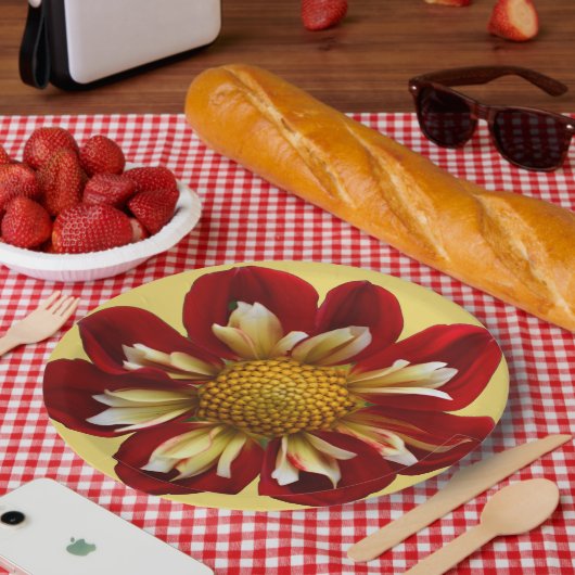 Assiettes En Carton Collarette rouge Dahlia sur Floral Jaune (Pique-nique)