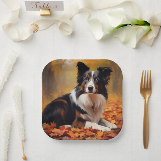 Assiettes En Carton Collie frontalier à l'automne Feuilles automne Ins (Mariage)
