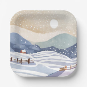 Assiettes En Carton Colline enneigée Aquarelle d'hiver