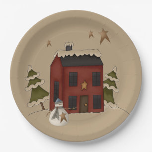 Assiettes En Carton Colonial Rouge Primitif Avec Snowman