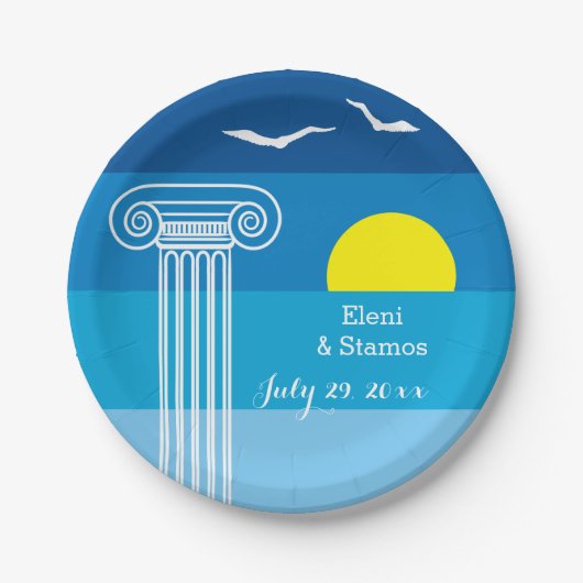 Assiettes En Carton Colonnes grecques et mouettes Mariage de plage gre (Devant)