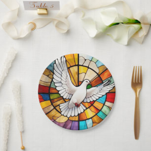Assiettes En Carton Coloré blanc Dove Vitrail Oiseau
