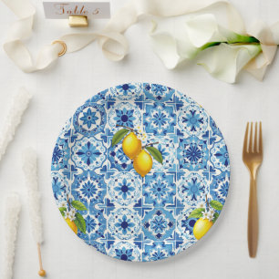 Assiettes En Carton Coloré, Méditerranée, mosaïque, bleu, citron,