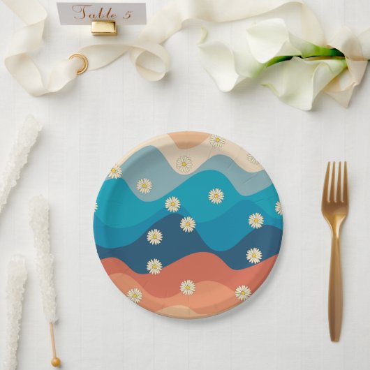 Assiettes En Carton Coloré Retro Waves & Daisies Motif (Mariage)