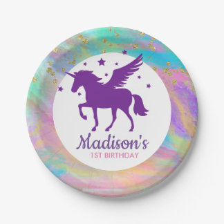 Assiettes En Carton Colorée Or Speckled violet Unicorn Anniversaire