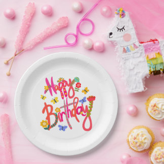 Assiettes En Carton Colorful Happy Birthday Floral & Butterfly Party