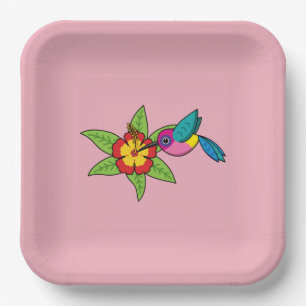 Assiettes En Carton Colorful Hummingbird on Hibiscus Tropical Flower