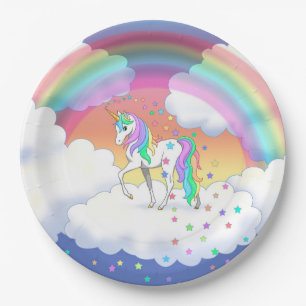 Assiettes En Carton Colorful Rainbow Unicorn and Stars