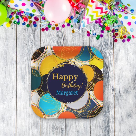 Assiettes En Carton Colorful Retro Abstrait Joyeux Anniversaire Person