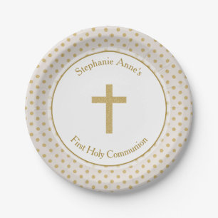 Assiettes En Carton Communion beige avec Pois d'or
