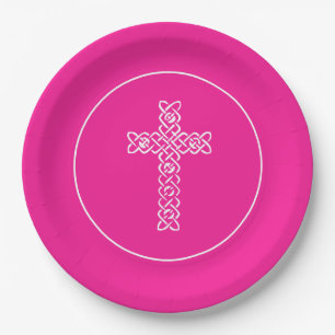 Assiettes En Carton Communion rose Chaud Croix Baptême Christening