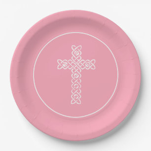 Assiettes En Carton Communion rose croisée Flamant rose Baptême Christ