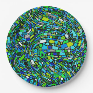 Assiettes En Carton Conception Abstraite Vagues Formes Bleu Vert