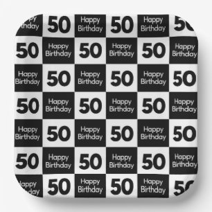 Assiettes En Carton Conception de damier noir et blanc pour 50e annive