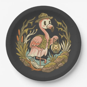 Assiettes En Carton Conception de flamant rose rétro effrayant des mar