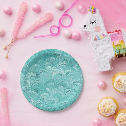 Assiettes En Carton Conception de papier marbré Aqua (Fête)
