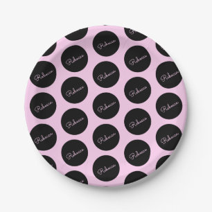 Assiettes En Carton Conception de points Polka Noir et Rose rétro-mode