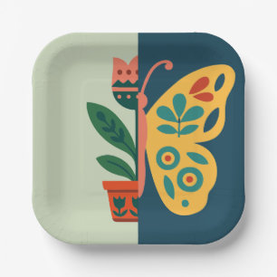Assiettes En Carton Conception graphique divisée de fleurs et de papil