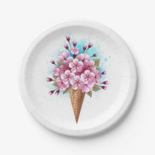 Assiettes En Carton Cône rose Sakura crème glacée gaufre