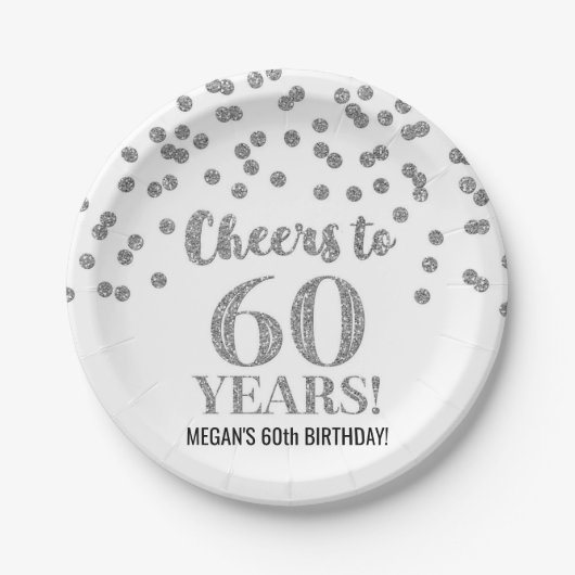 Assiettes En Carton Confetti d'argent brille jusqu'à 60 ans d'annivers (Devant)