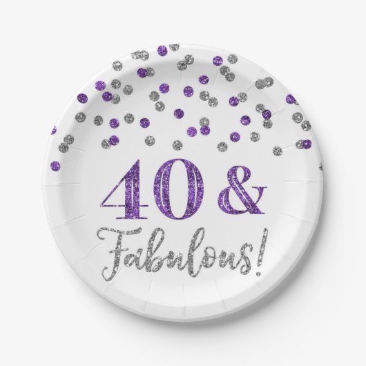 Assiettes En Carton Confetti d'argent mauve 40 et fabuleux anniversair (Devant)