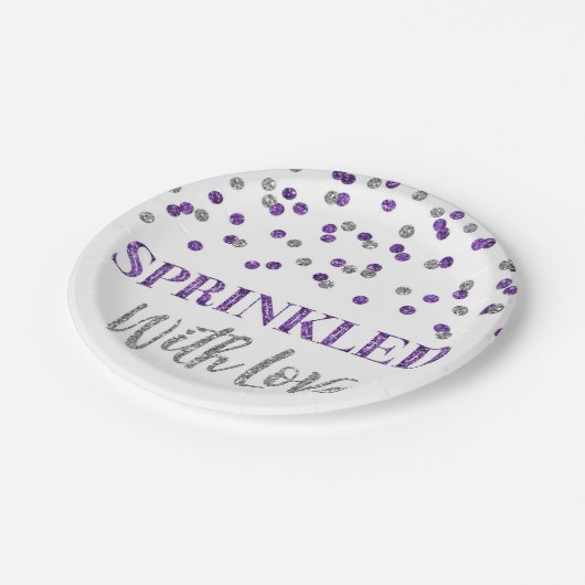 Assiettes En Carton Confetti d'argent pourpre parsemé d'amour (Angle)