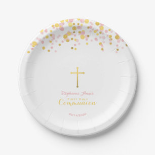 Assiettes En Carton Confetti de communion rose et or
