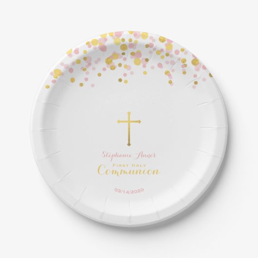 Assiettes En Carton Confetti de communion rose et or (Devant)
