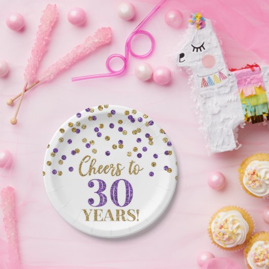 Assiettes En Carton Confetti d'or mauve à 30 ans d'anniversaire (Fête)
