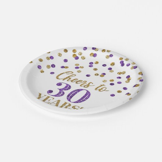Assiettes En Carton Confetti d'or mauve à 30 ans d'anniversaire (Angle)