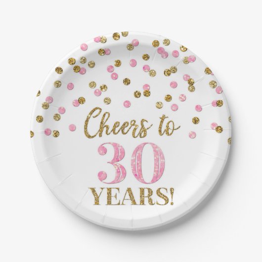 Assiettes En Carton Confetti d'or rose : 30 ans d'anniversaire (Devant)