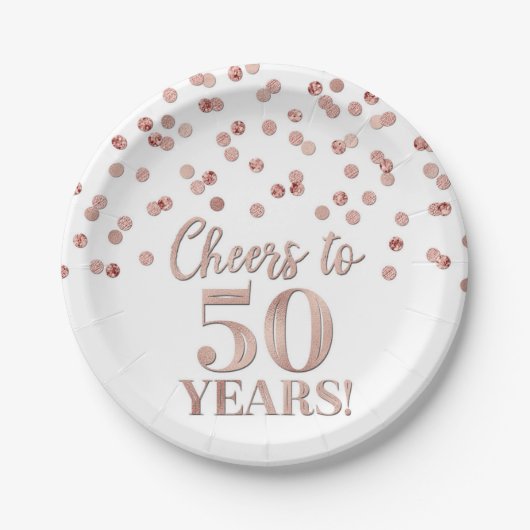 Assiettes En Carton Confetti d'or Rose, 50 ans d'anniversaire (Devant)