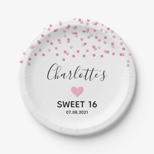Assiettes En Carton Confetti Doux rose 16 Anniversaire (Devant)