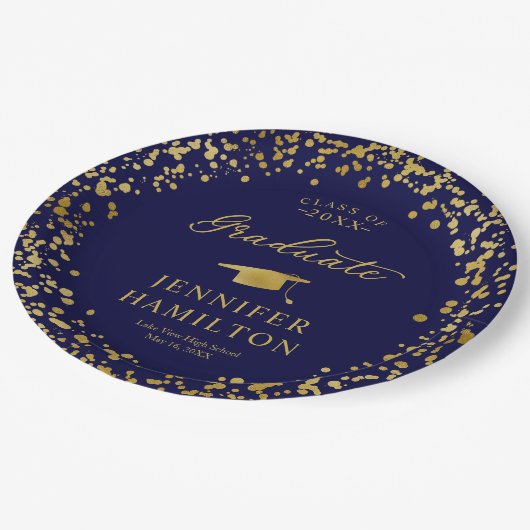 Assiettes En Carton Confetti Or Élégant Sur Bleu Graduate (Angle)