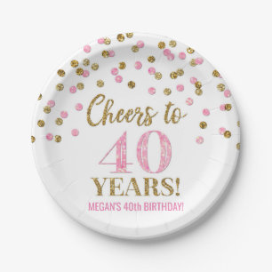 Assiettes En Carton Confetti rose or, 40 ans d'anniversaire