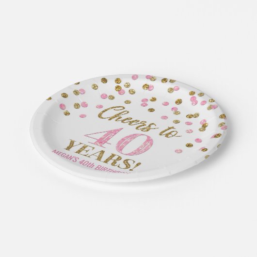 Assiettes En Carton Confetti rose or, 40 ans d'anniversaire (Angle)