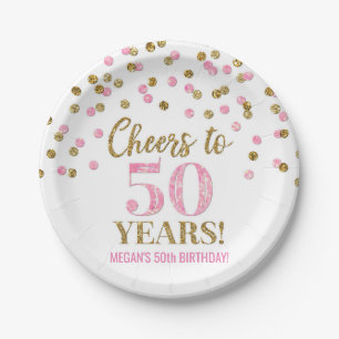 Assiettes En Carton Confetti rose or, 50 ans d'anniversaire