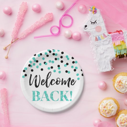 Assiettes En Carton Confetti Turquoise Noire Bienvenue Plaques de papi (Fête)