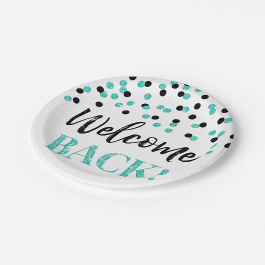 Assiettes En Carton Confetti Turquoise Noire Bienvenue Plaques de papi (Angle)