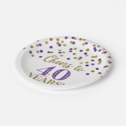 Assiettes En Carton Confetti violet doré, 40 ans d'anniversaire (Angle)
