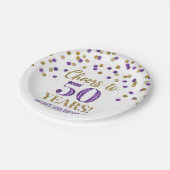 Assiettes En Carton Confetti violet doré, 50 ans d'anniversaire (Angle)