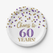 Assiettes En Carton Confetti violet doré, 60 ans d'anniversaire (Devant)
