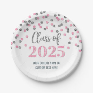 Assiettes En Carton Confettis Argent Rose Diplômé 2025