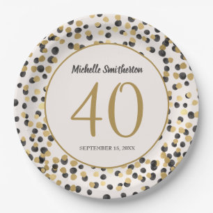 Assiettes En Carton Confettis Pailletés Or Noir 40e Anniversaire