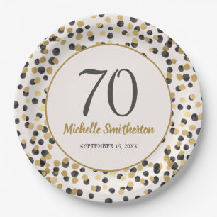 Assiettes En Carton Confettis Pailletés Or Noir 70e Anniversaire