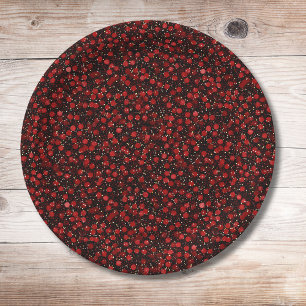 Assiettes En Carton Confettis rouges élégants sur fond noir pailleté