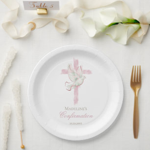 Assiettes En Carton Confirmation croix rose