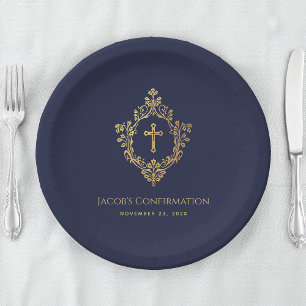 Assiettes En Carton Confirmation de garçon bleu marine croix en faux o