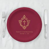 Assiettes En Carton Confirmation Fille Bourgogne Faux Gold Crest Éléga